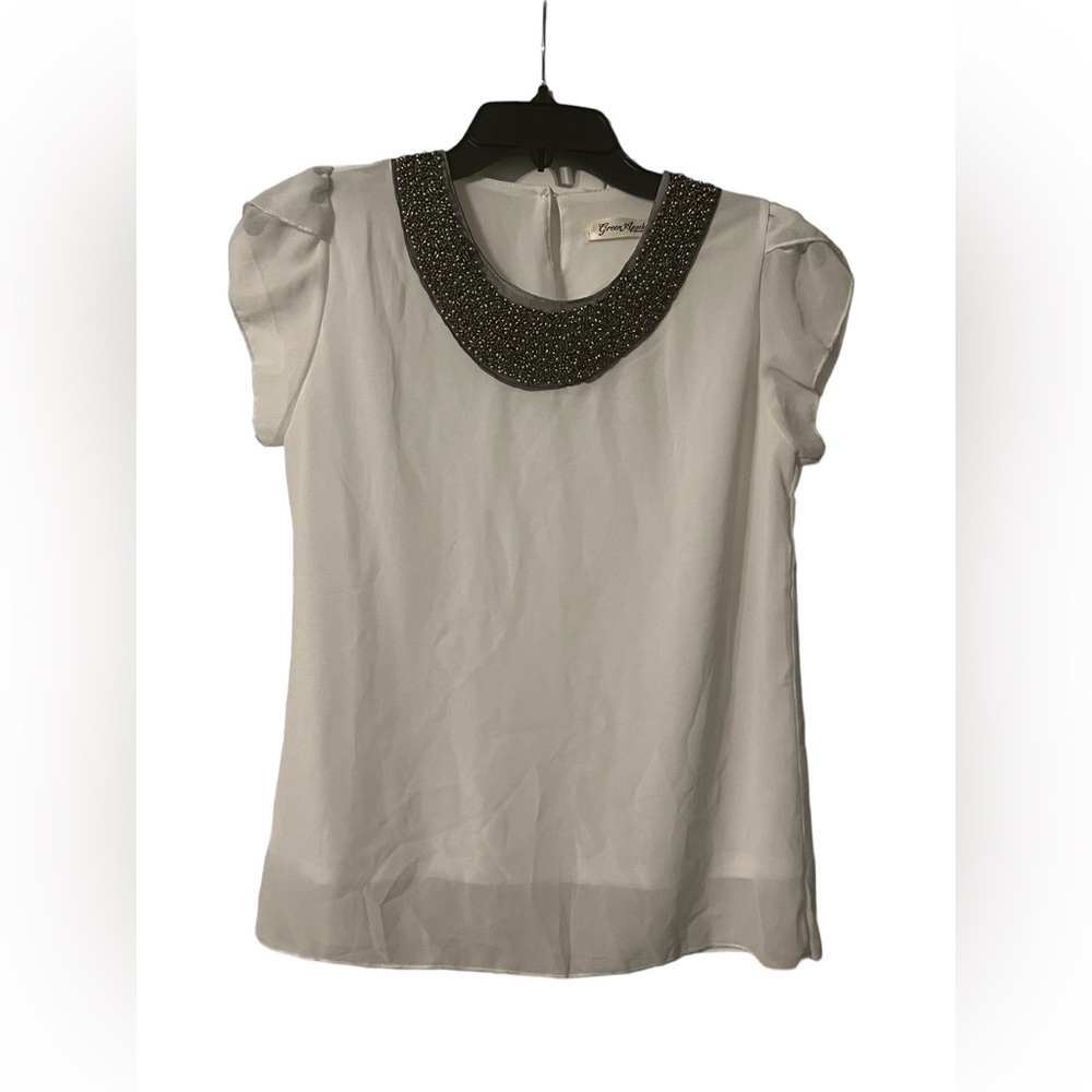 White Blouse with Beaded Necklace Neckline and Ruffle Sleeves Women’s